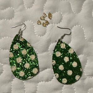 Green Polka Dot Teardrop Earrings - Glitter